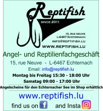 15, rue Neuve  -  L-6467 Echternach  Email: info@reptifish.lu Montag bis Freitag 15:30 - 18:00 Uhr  Samstag 09:00 - 17:00 Uhr   Angelscheine für den Echternacher See im Shop erhältlich  Angel- und Reptilienfachgeschäft   find us on          and Insta   www.reptifish.lu